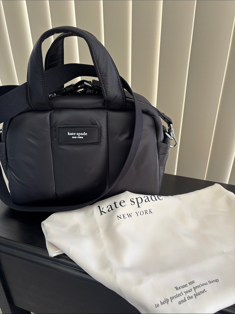 Kate Spade Black Nylon Puffy Satchel Bag Crossbody Removable Adjustable Strap